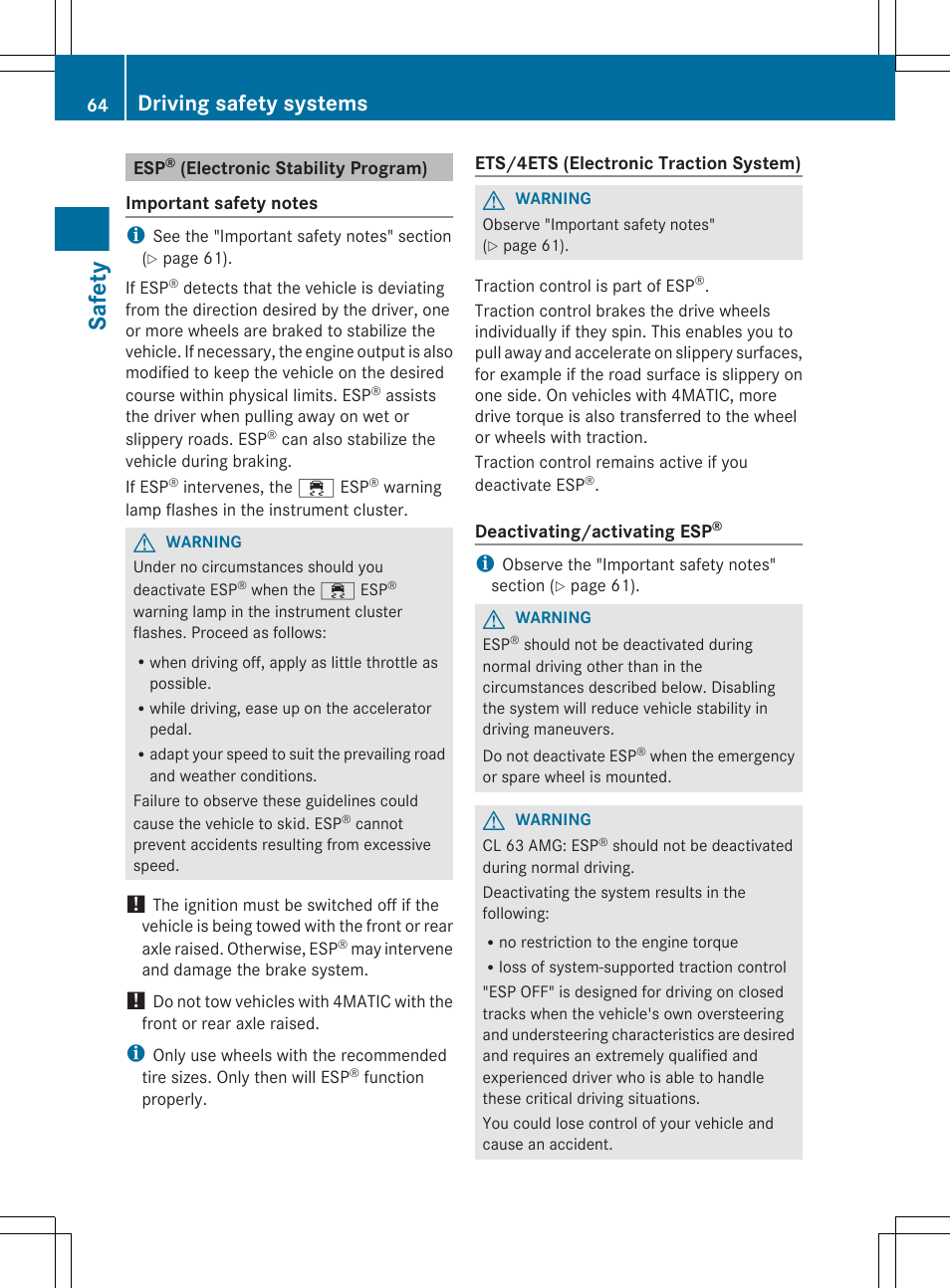 Esp® (electronic stability program), Safety, Driving safety systems | Mercedes-Benz CL-Class 2012 User Manual | Page 66 / 488