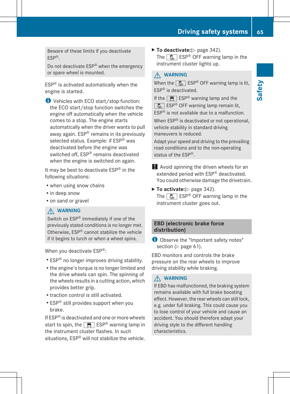 Ebd (electronic brake force distribution), Safety, Driving safety systems | Mercedes-Benz CL-Class 2012 User Manual | Page 67 / 488