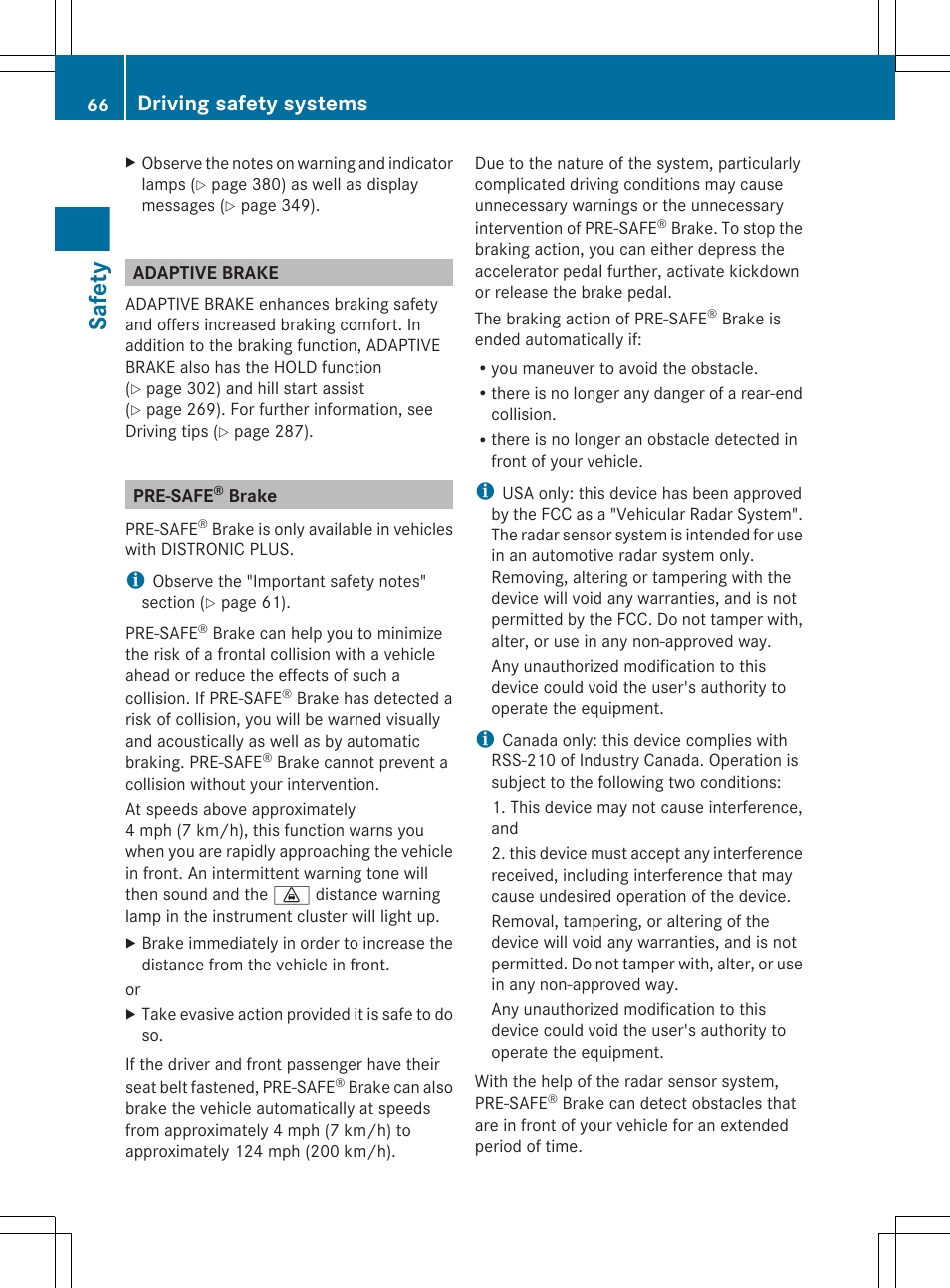 Adaptive brake, Pre-safe® brake, Safety | Driving safety systems | Mercedes-Benz CL-Class 2012 User Manual | Page 68 / 488