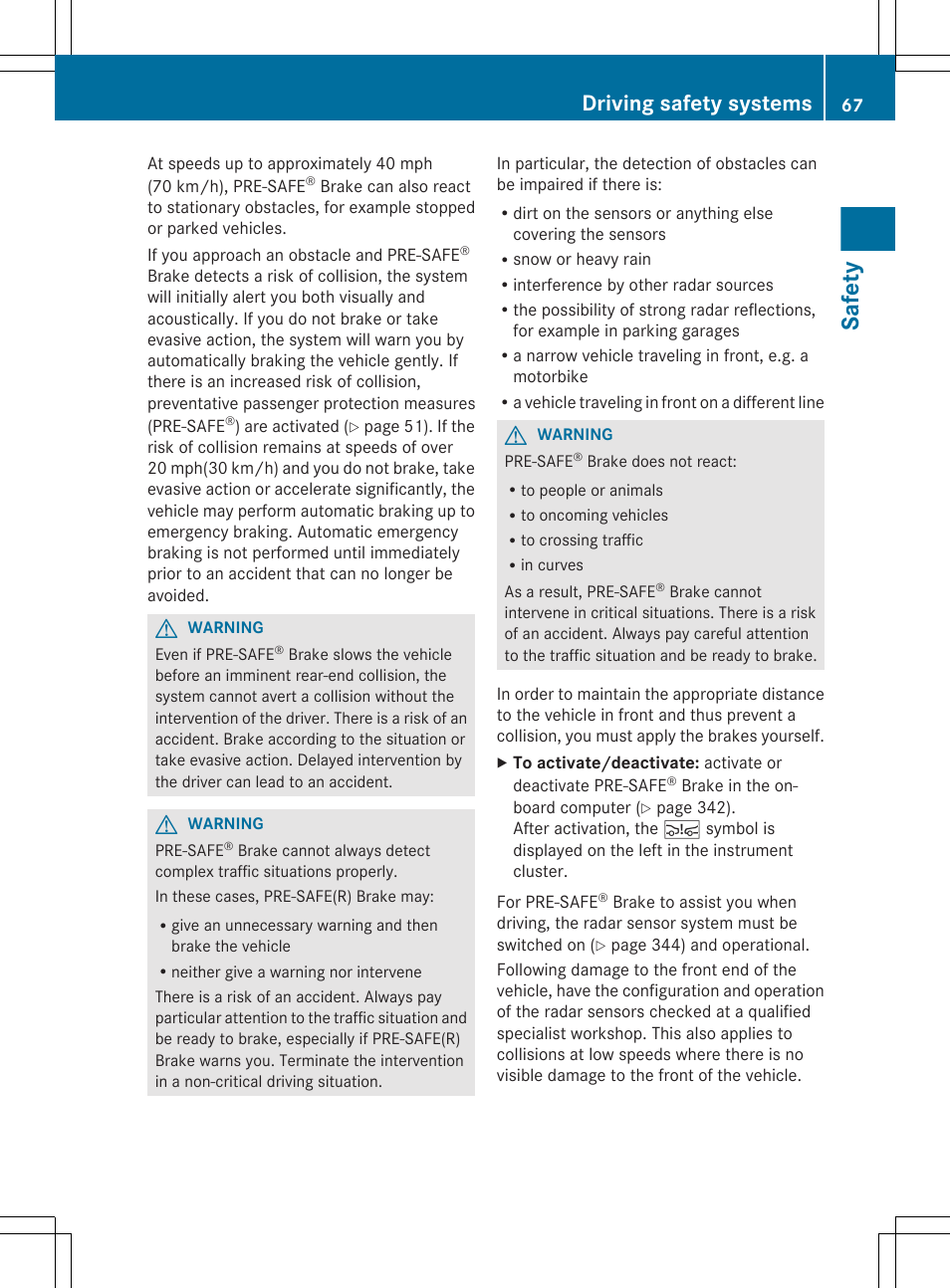 Safety, Driving safety systems | Mercedes-Benz CL-Class 2012 User Manual | Page 69 / 488