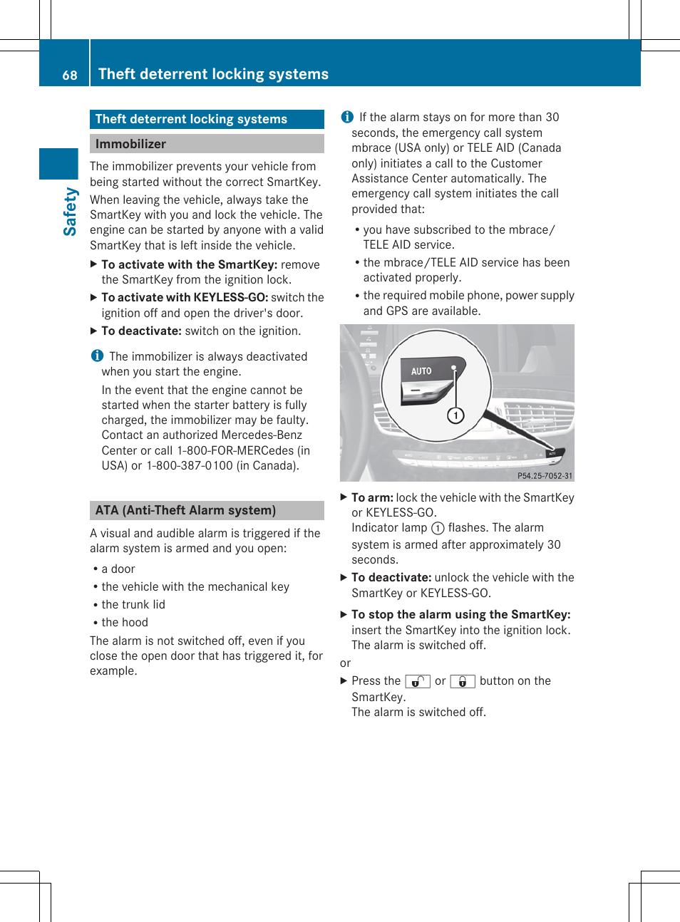 Theft deterrent locking systems, Immobilizer, Ata (anti-theft alarm system) | Safety | Mercedes-Benz CL-Class 2012 User Manual | Page 70 / 488