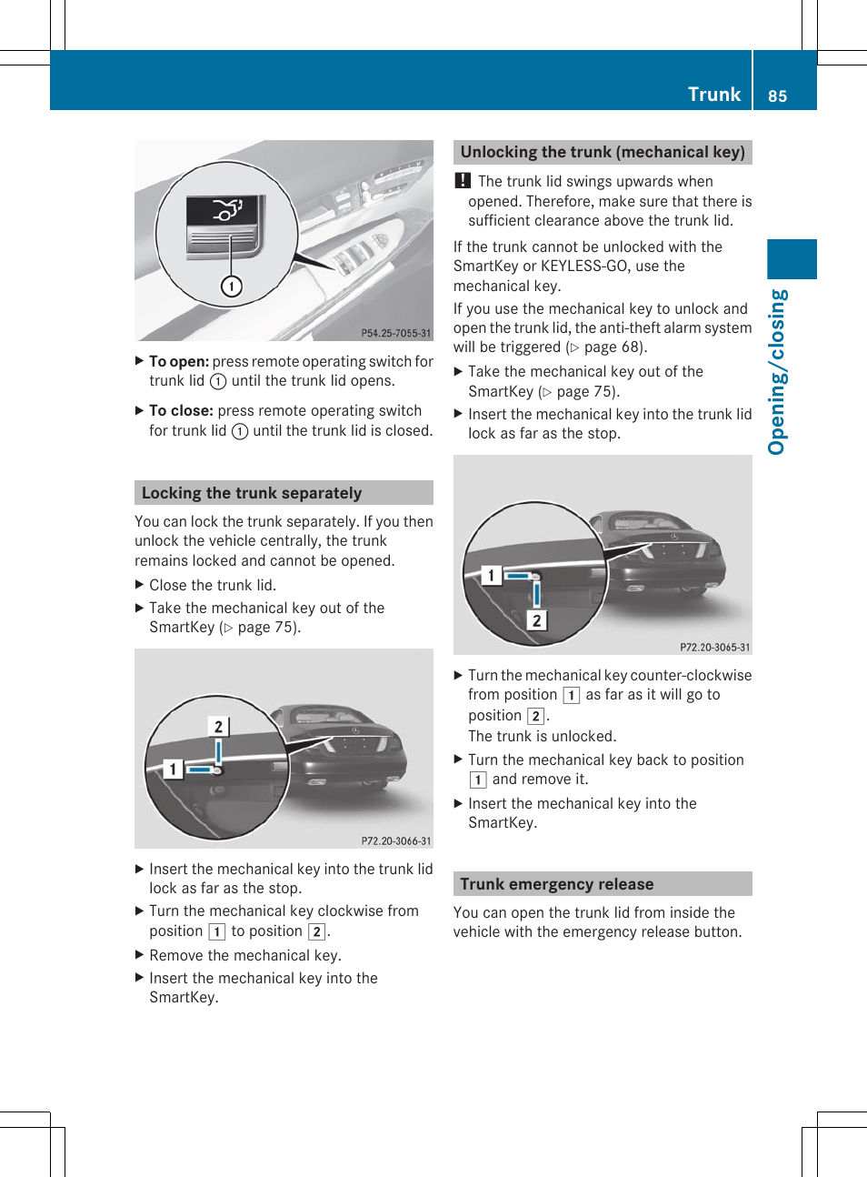 Locking the trunk separately, Unlocking the trunk (mechanical key), Trunk emergency release | Opening/closing, Trunk | Mercedes-Benz CL-Class 2012 User Manual | Page 87 / 488