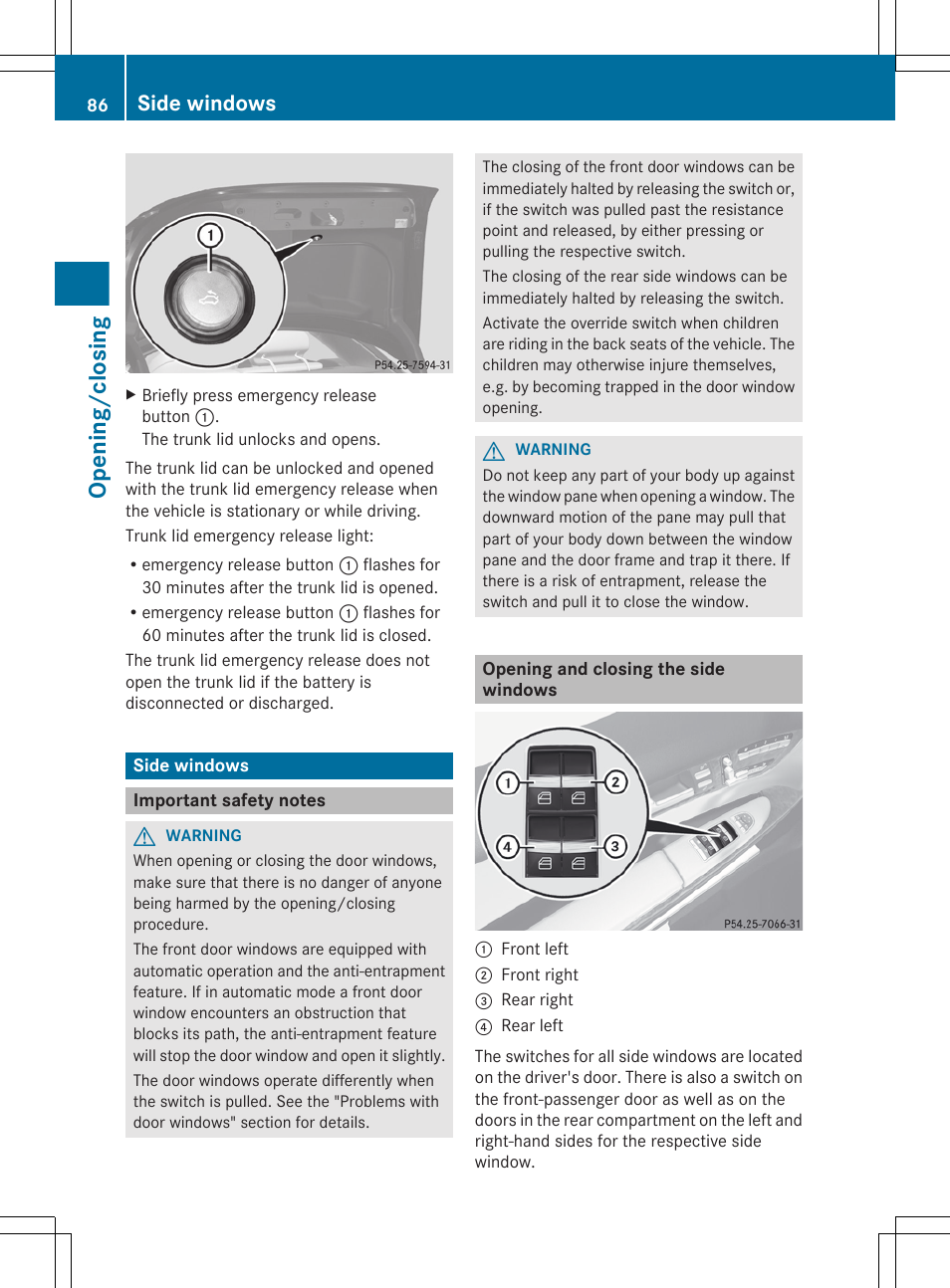 Side windows, Important safety notes, Opening and closing the side windows | Opening/closing | Mercedes-Benz CL-Class 2012 User Manual | Page 88 / 488
