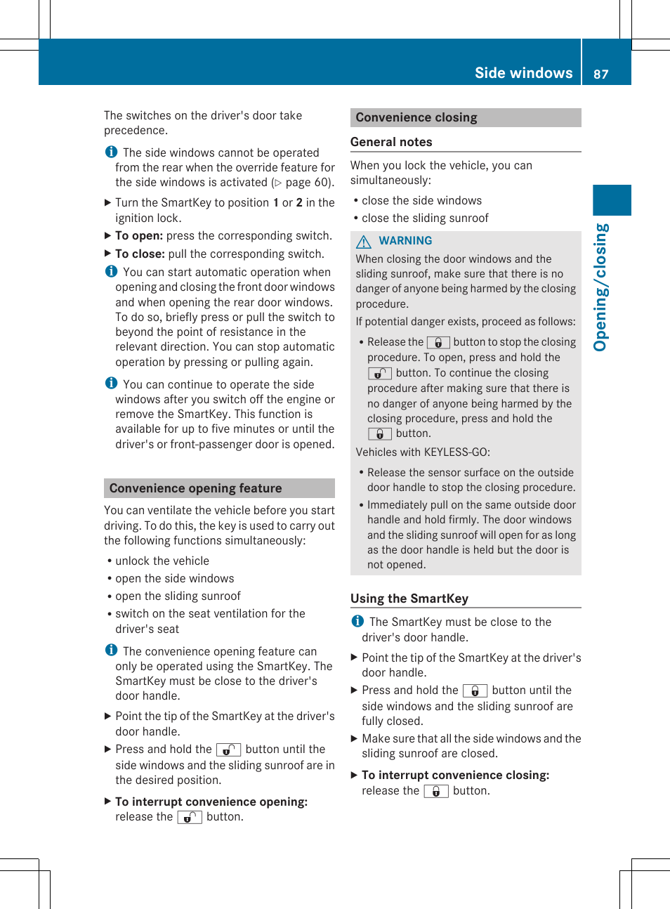 Convenience opening feature, Convenience closing, Opening/closing | Side windows | Mercedes-Benz CL-Class 2012 User Manual | Page 89 / 488