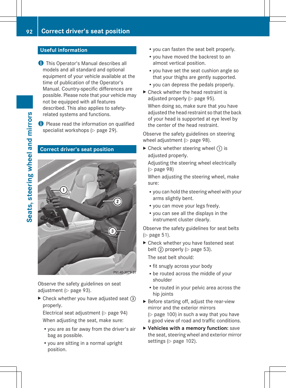 Seats, steering wheel and mirrors, Useful information, Correct driver's seat position | An almost vertical position | Mercedes-Benz CL-Class 2012 User Manual | Page 94 / 488