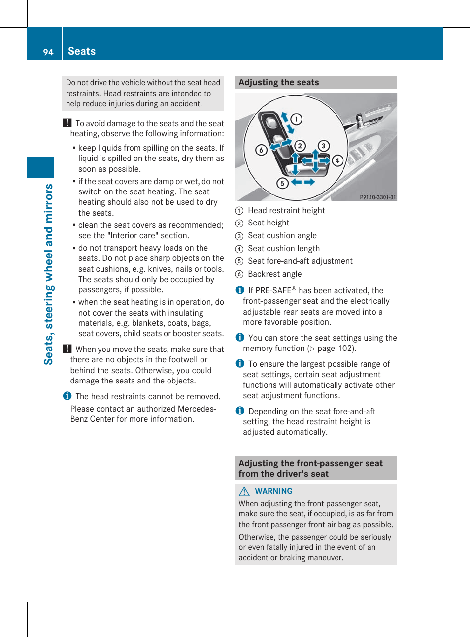 Adjusting the seats, Electrical seat adjustment, Seats, steering wheel and mirrors | Seats | Mercedes-Benz CL-Class 2012 User Manual | Page 96 / 488