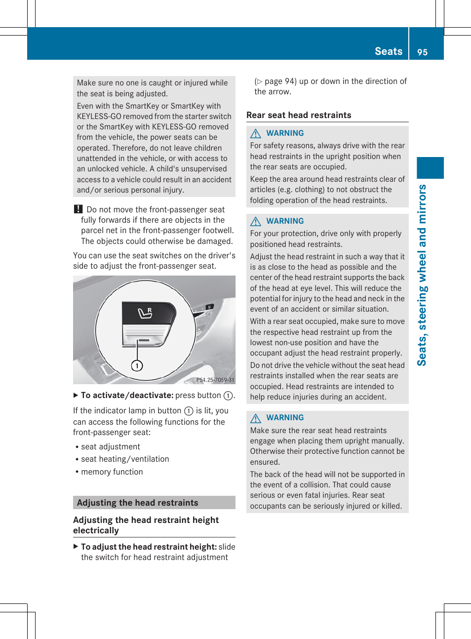 Adjusting the head restraints, Seats, steering wheel and mirrors, Seats | Mercedes-Benz CL-Class 2012 User Manual | Page 97 / 488