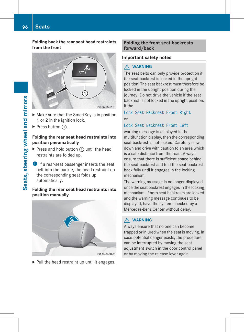 Folding the front-seat backrests forward/back, Seats, steering wheel and mirrors, Seats | Mercedes-Benz CL-Class 2012 User Manual | Page 98 / 488