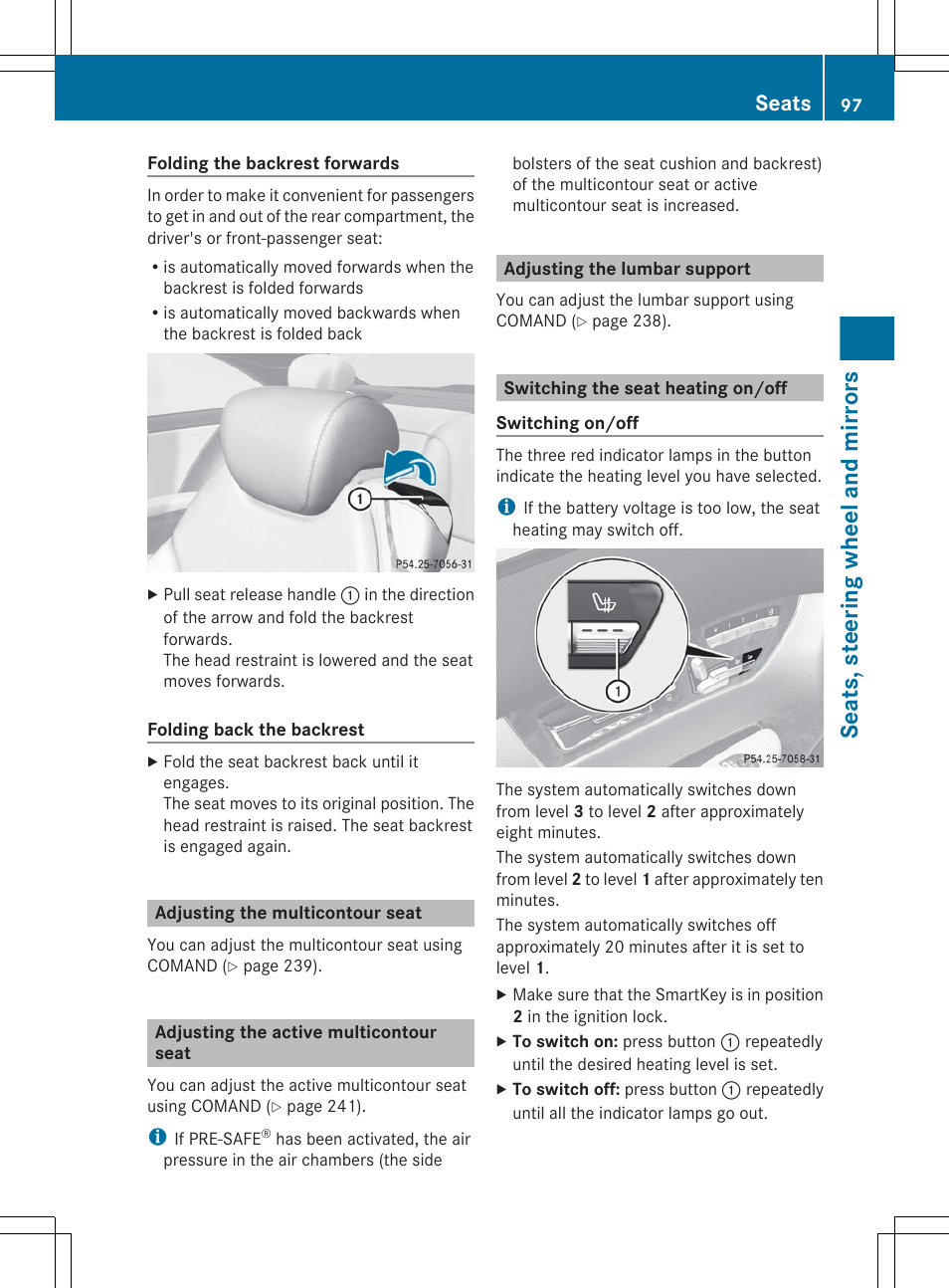 Adjusting the multicontour seat, Adjusting the active multicontour seat, Adjusting the lumbar support | Switching the seat heating on/off, Seats, steering wheel and mirrors, Seats | Mercedes-Benz CL-Class 2012 User Manual | Page 99 / 488
