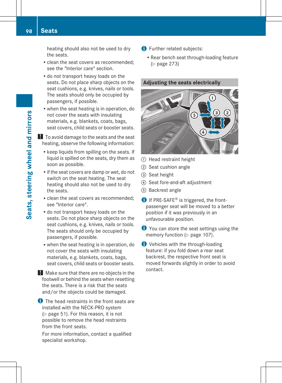 Adjusting the seats electrically, Seats, steering wheel and mirrors, Seats | Mercedes-Benz CLS-Class 2013 Owners Manual User Manual | Page 100 / 376