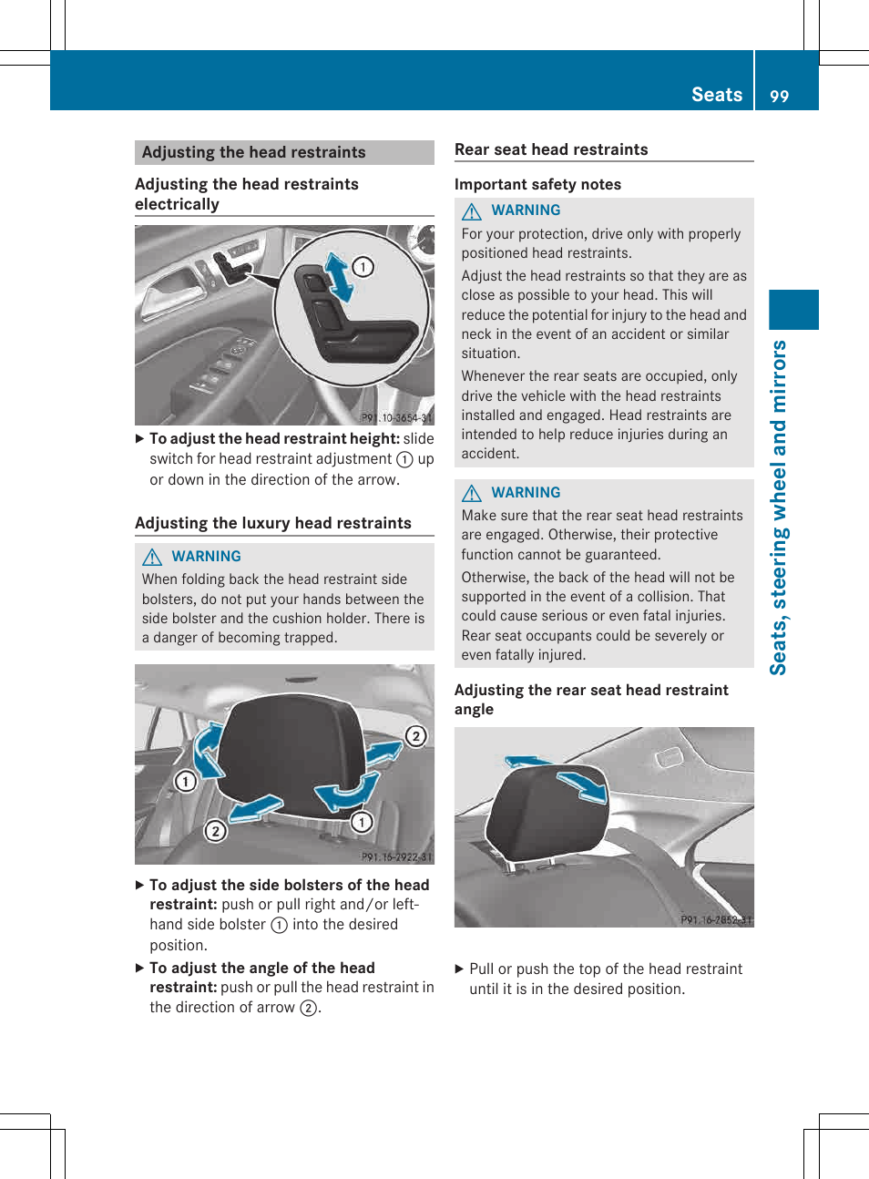 Adjusting the head restraints, Seats, steering wheel and mirrors, Seats | Mercedes-Benz CLS-Class 2013 Owners Manual User Manual | Page 101 / 376