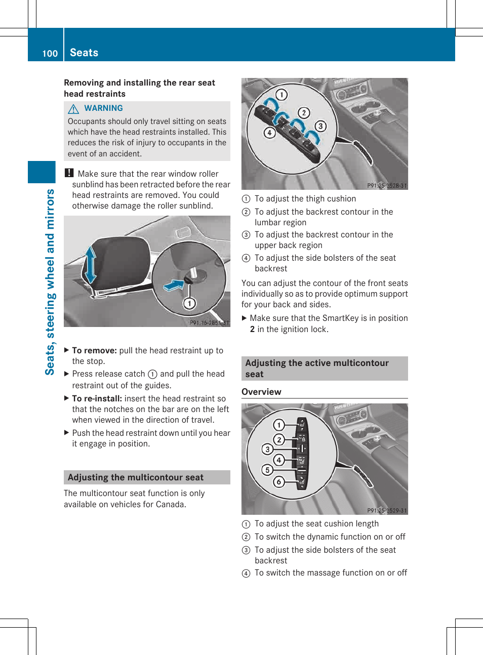 Adjusting the multicontour seat, Adjusting the active multicontour seat, Seats, steering wheel and mirrors | Seats | Mercedes-Benz CLS-Class 2013 Owners Manual User Manual | Page 102 / 376