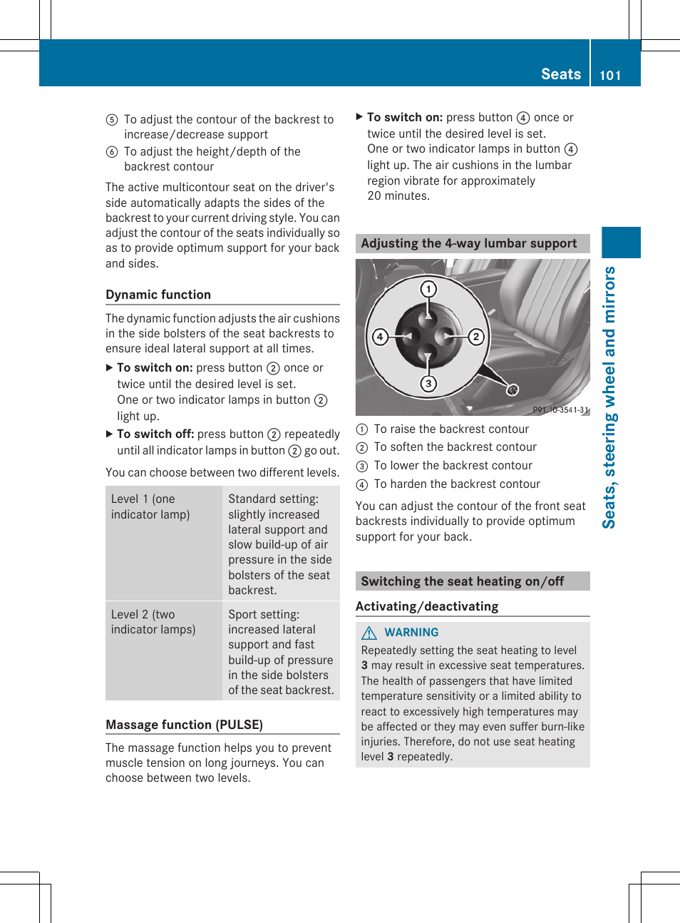 Adjusting the 4-way lumbar support, Switching the seat heating on/off, Seats, steering wheel and mirrors | Seats | Mercedes-Benz CLS-Class 2013 Owners Manual User Manual | Page 103 / 376