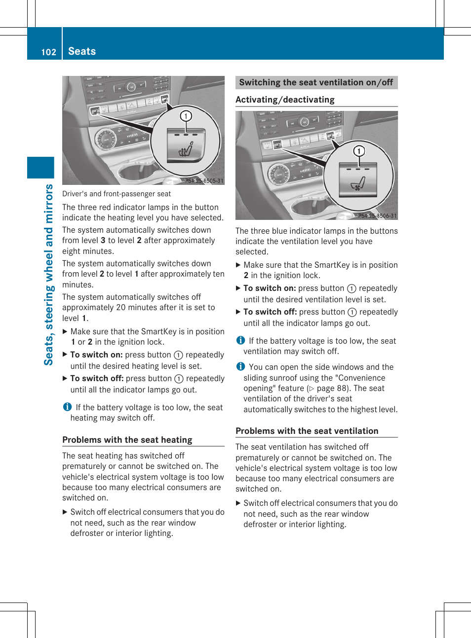 Switching the seat ventilation on/off, Seats, steering wheel and mirrors, Seats | Mercedes-Benz CLS-Class 2013 Owners Manual User Manual | Page 104 / 376