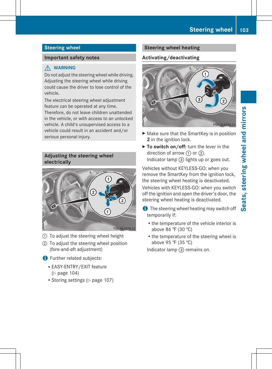 Steering wheel, Important safety notes, Adjusting the steering wheel electrically | Steering wheel heating, Seats, steering wheel and mirrors | Mercedes-Benz CLS-Class 2013 Owners Manual User Manual | Page 105 / 376