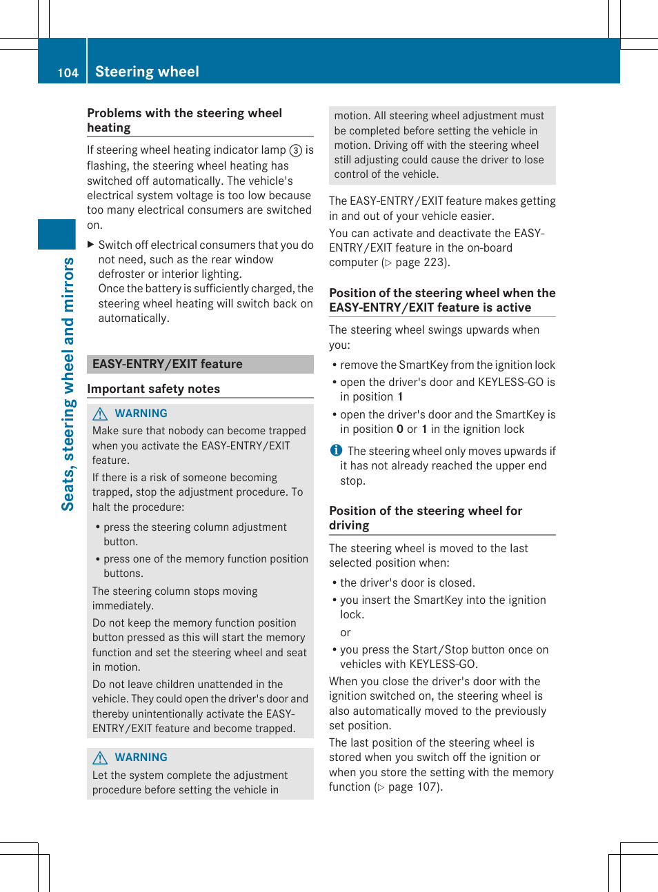 Easy-entry/exit feature, Seats, steering wheel and mirrors, Steering wheel | Mercedes-Benz CLS-Class 2013 Owners Manual User Manual | Page 106 / 376