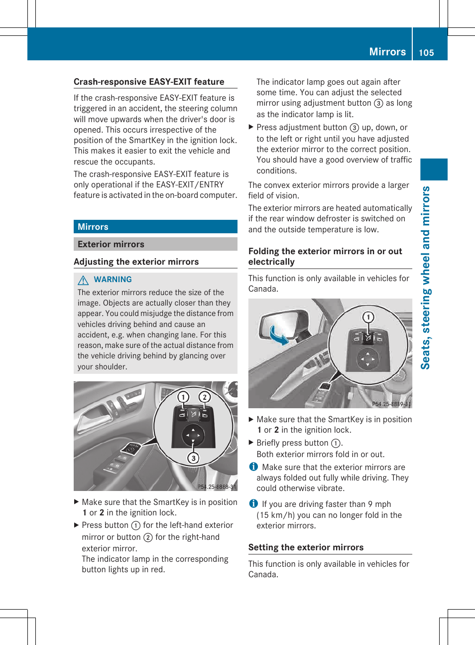 Mirrors, Exterior mirrors, Seats, steering wheel and mirrors | Mercedes-Benz CLS-Class 2013 Owners Manual User Manual | Page 107 / 376