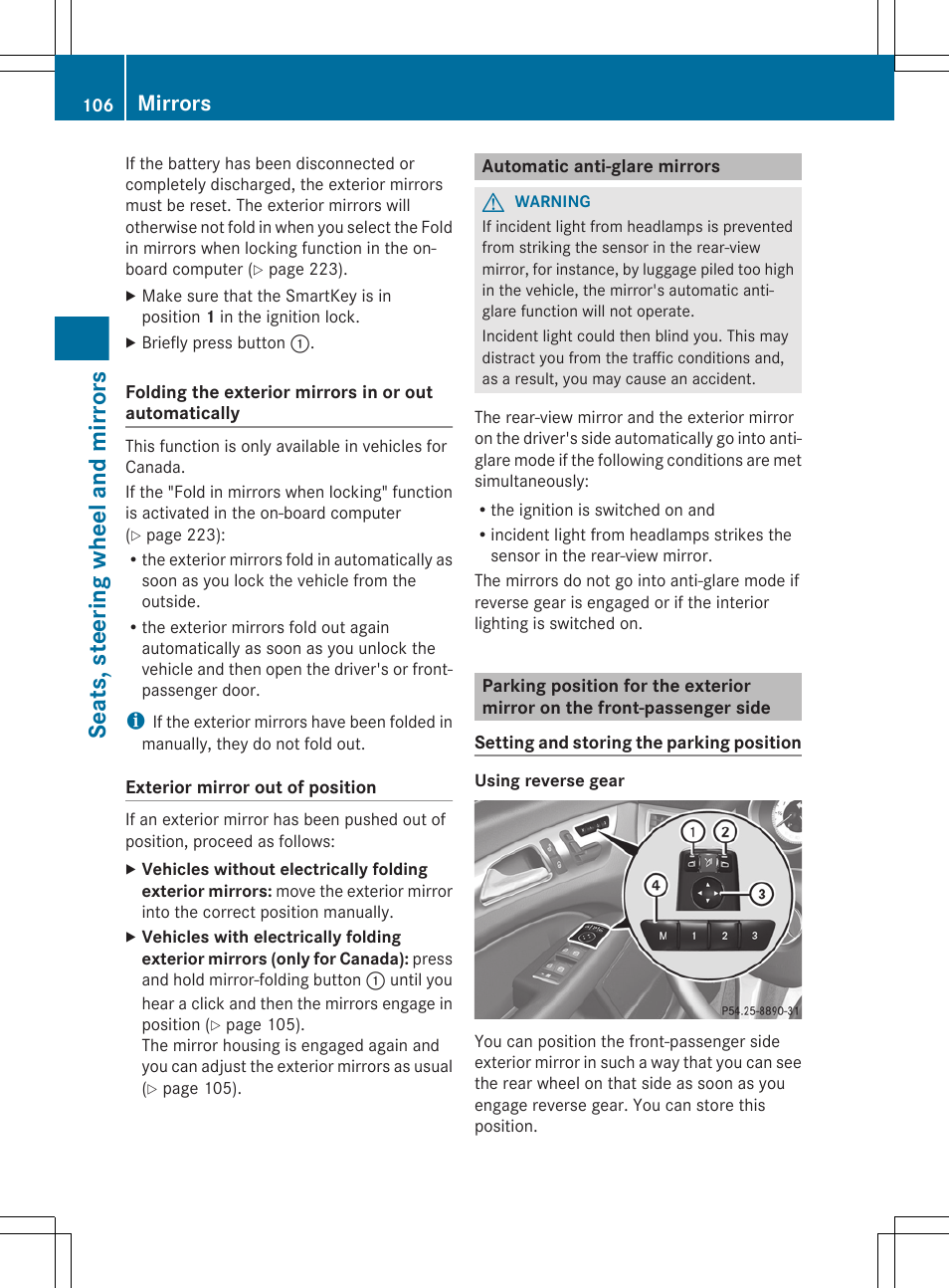 Automatic anti-glare mirrors, Seats, steering wheel and mirrors, Mirrors | Mercedes-Benz CLS-Class 2013 Owners Manual User Manual | Page 108 / 376