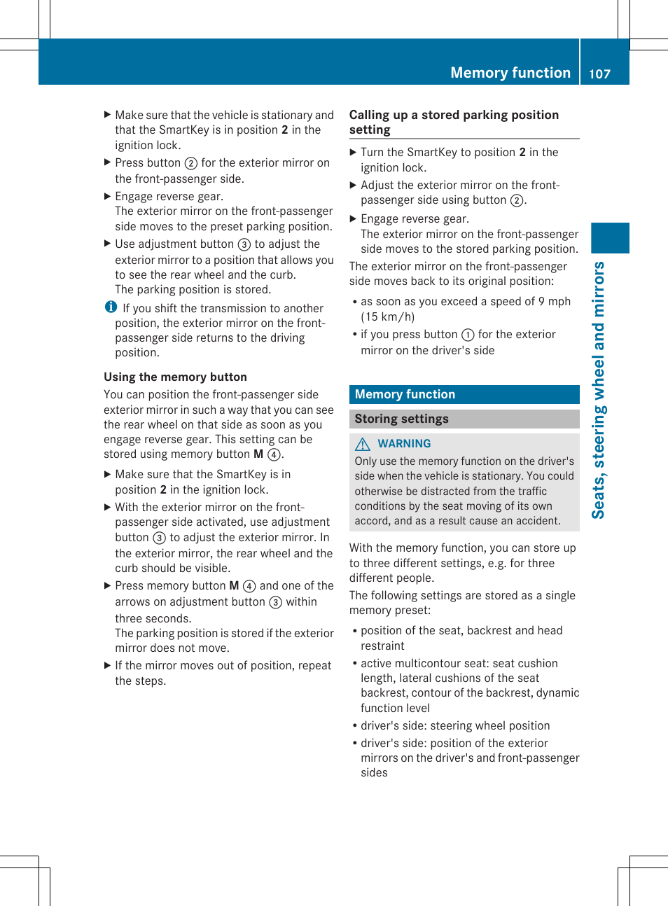 Memory function, Storing settings, Seats, steering wheel and mirrors | Mercedes-Benz CLS-Class 2013 Owners Manual User Manual | Page 109 / 376