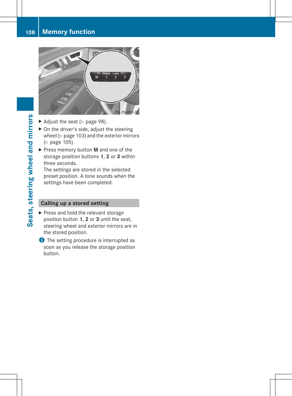 Calling up a stored setting, Seats, steering wheel and mirrors | Mercedes-Benz CLS-Class 2013 Owners Manual User Manual | Page 110 / 376