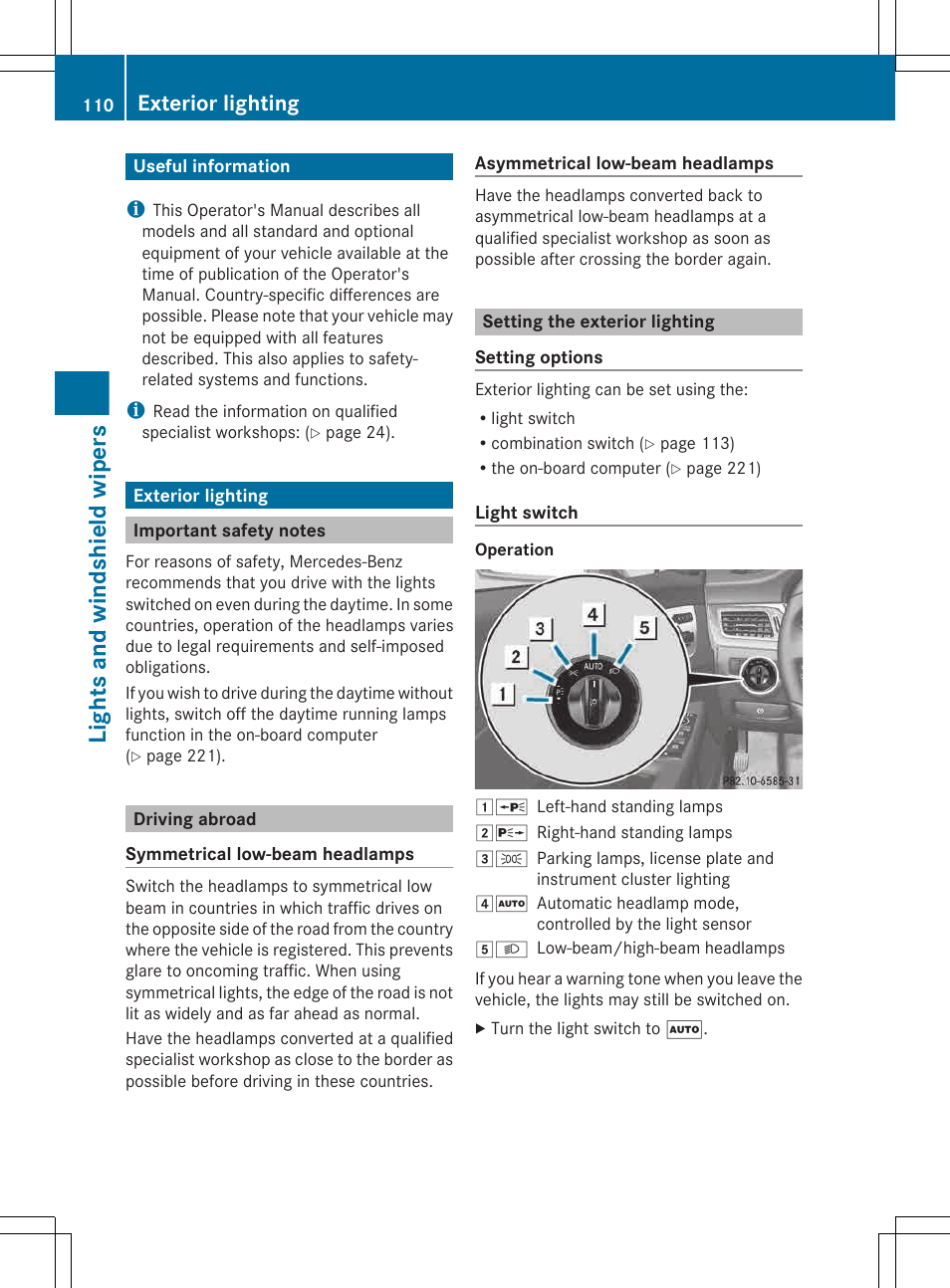 Lights and windshield wipers, Useful information, Exterior lighting | Important safety notes, Driving abroad, Setting the exterior lighting | Mercedes-Benz CLS-Class 2013 Owners Manual User Manual | Page 112 / 376