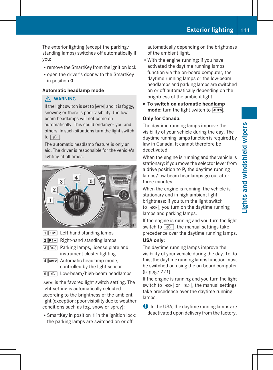Lights and windshield wipers, Exterior lighting | Mercedes-Benz CLS-Class 2013 Owners Manual User Manual | Page 113 / 376