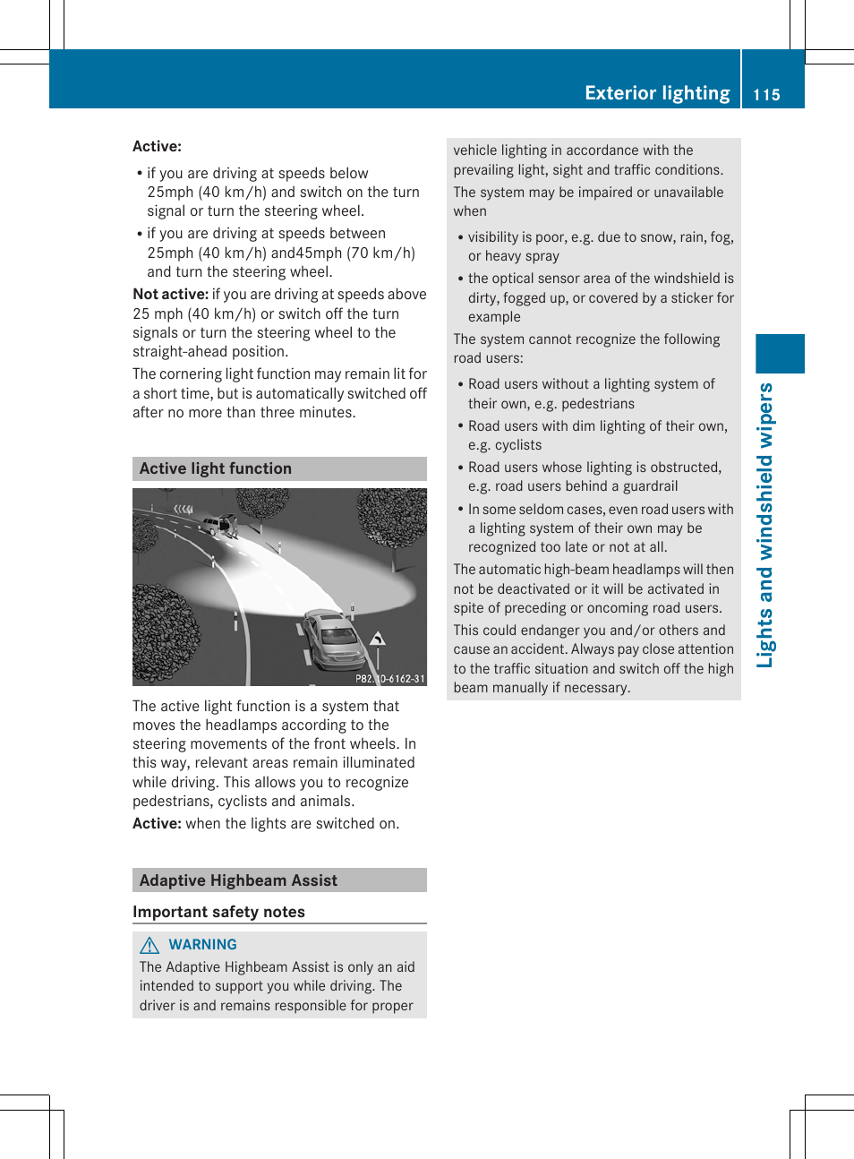 Active light function, Adaptive highbeam assist, Lights and windshield wipers | Exterior lighting | Mercedes-Benz CLS-Class 2013 Owners Manual User Manual | Page 117 / 376