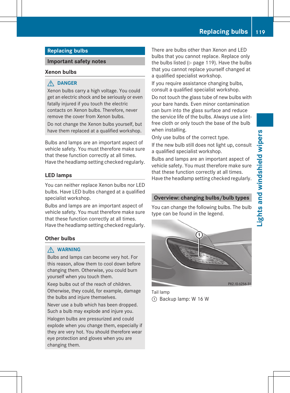 Replacing bulbs, Important safety notes, Overview: changing bulbs/bulb types | Lights and windshield wipers | Mercedes-Benz CLS-Class 2013 Owners Manual User Manual | Page 121 / 376