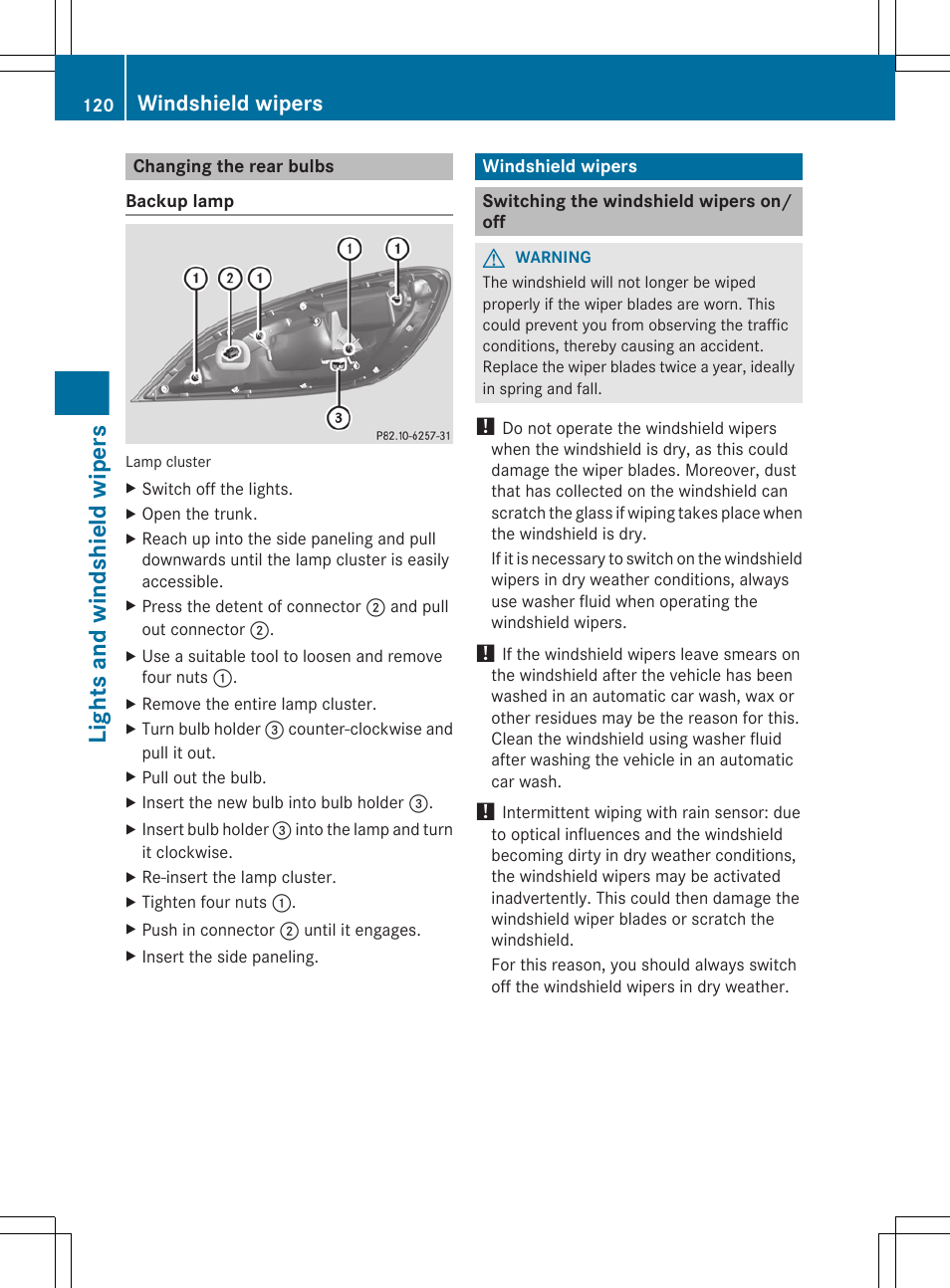 Changing the rear bulbs, Windshield wipers, Switching the windshield wipers on/off | Lights and windshield wipers | Mercedes-Benz CLS-Class 2013 Owners Manual User Manual | Page 122 / 376