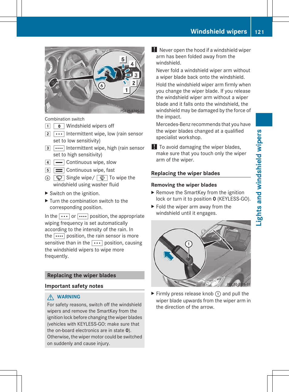 Replacing the wiper blades, Lights and windshield wipers, Windshield wipers | Mercedes-Benz CLS-Class 2013 Owners Manual User Manual | Page 123 / 376
