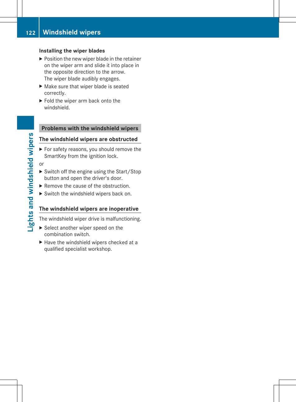 Problems with the windshield wipers, Lights and windshield wipers, Windshield wipers | Mercedes-Benz CLS-Class 2013 Owners Manual User Manual | Page 124 / 376