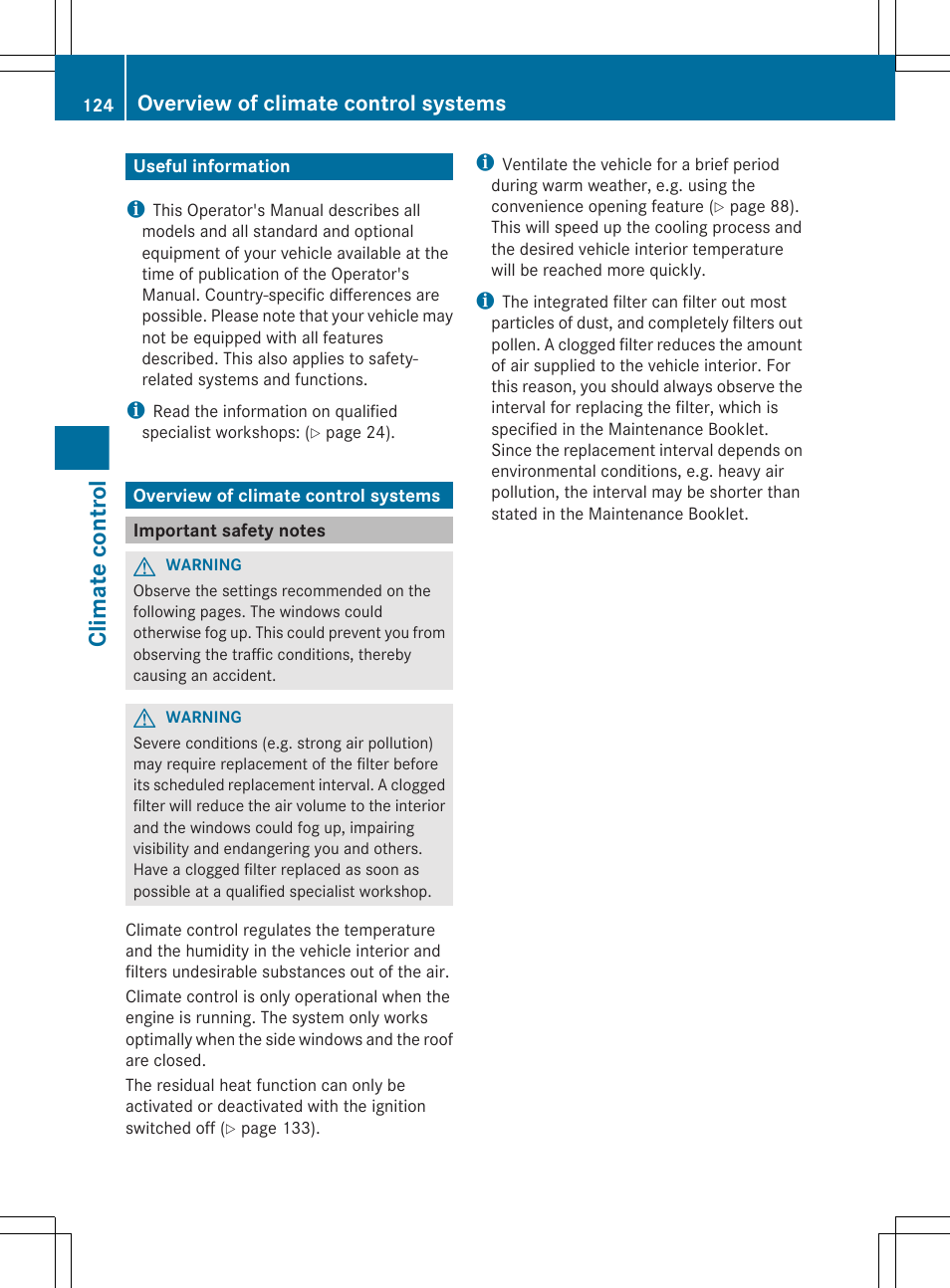 Climate control, Useful information, Overview of climate control systems | Important safety notes | Mercedes-Benz CLS-Class 2013 Owners Manual User Manual | Page 126 / 376