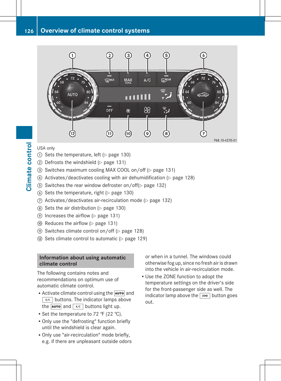 Information about using automatic climate control, Climate control, Overview of climate control systems | Mercedes-Benz CLS-Class 2013 Owners Manual User Manual | Page 128 / 376