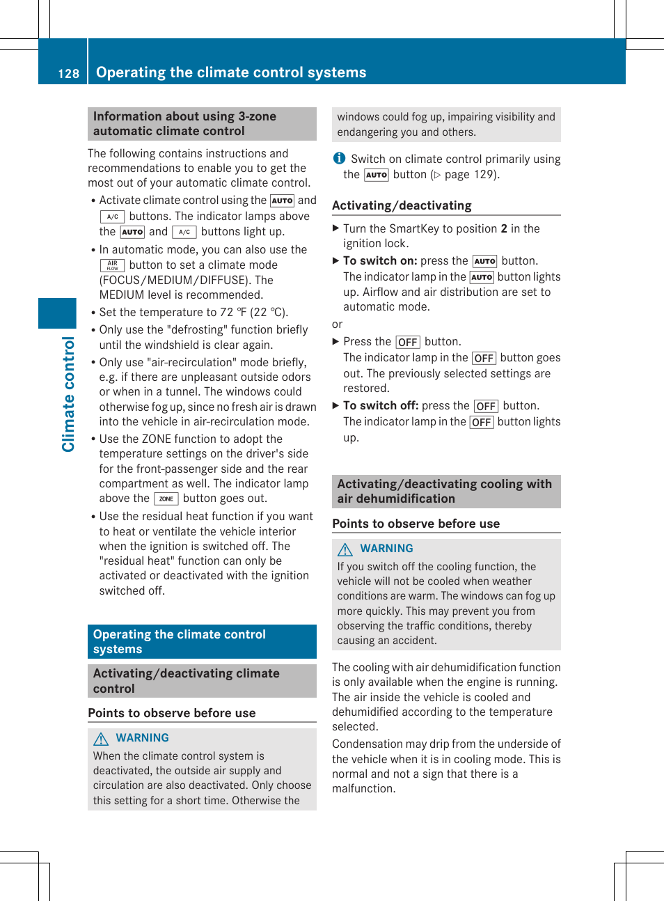 Operating the climate control systems, Activating/deactivating climate control, Climate control | Mercedes-Benz CLS-Class 2013 Owners Manual User Manual | Page 130 / 376