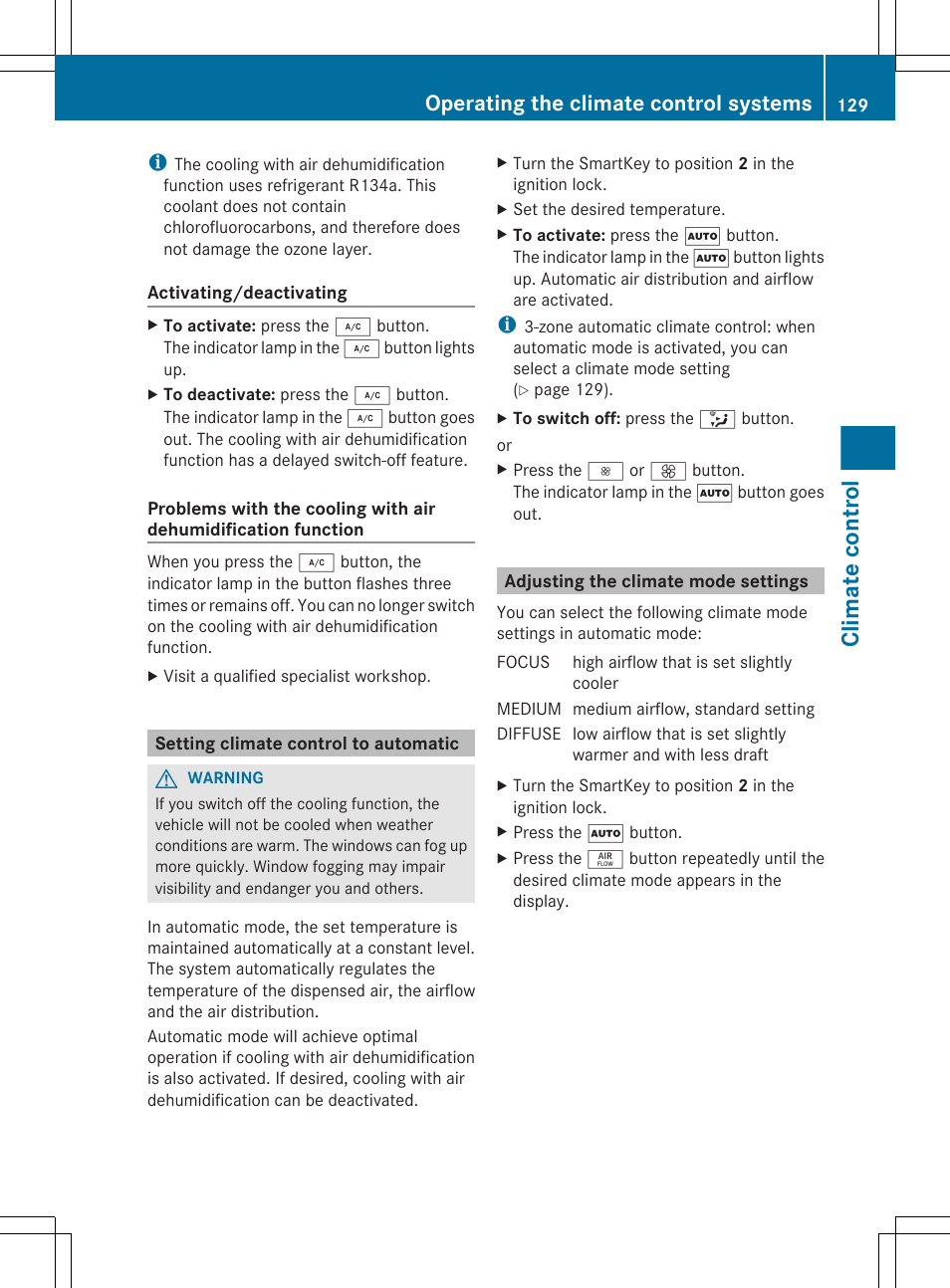 Setting climate control to automatic, Adjusting the climate mode settings, Climate control | Operating the climate control systems | Mercedes-Benz CLS-Class 2013 Owners Manual User Manual | Page 131 / 376