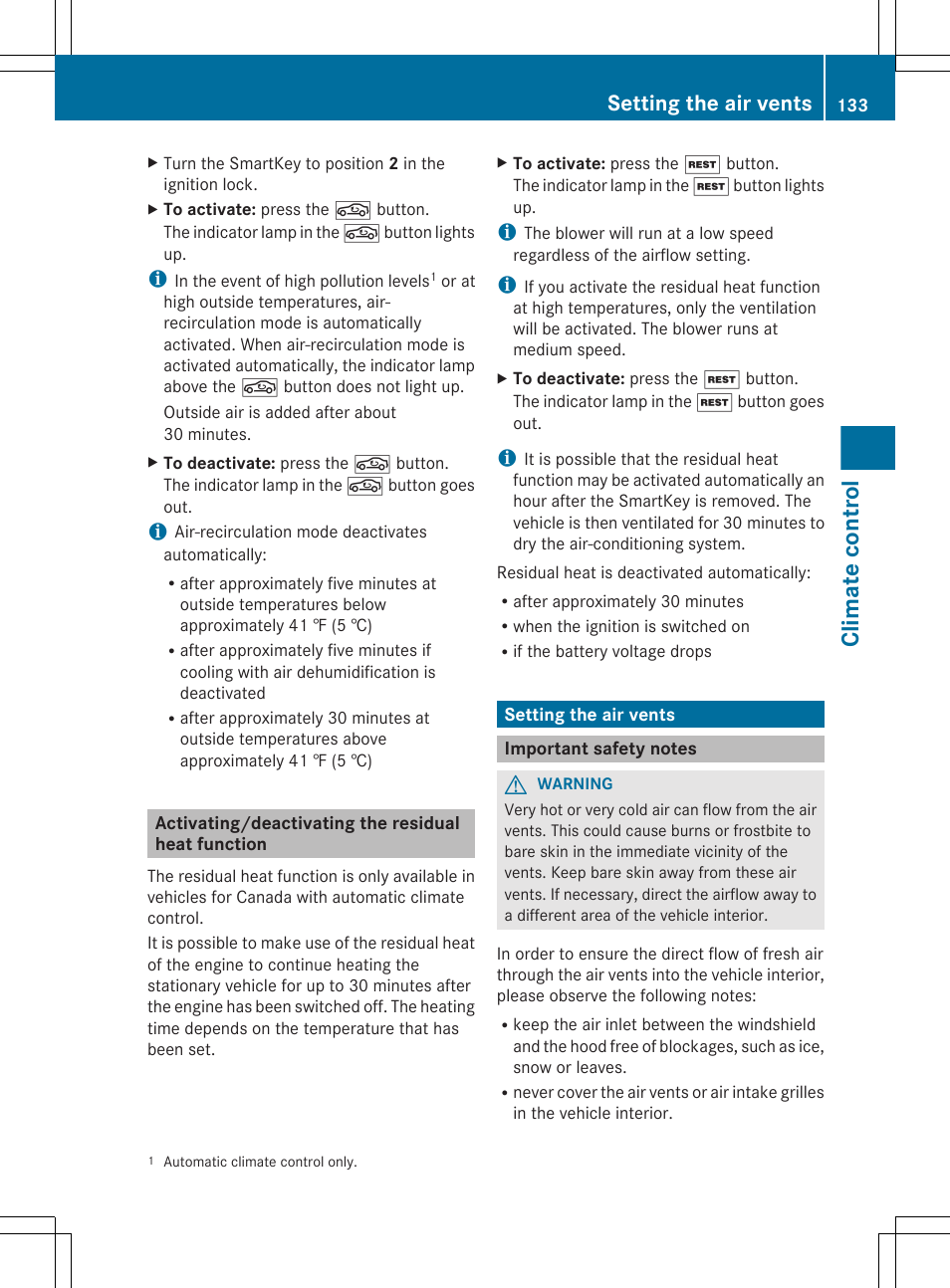 Activating/deactivating the residual heat function, Setting the air vents, Important safety notes | Climate control | Mercedes-Benz CLS-Class 2013 Owners Manual User Manual | Page 135 / 376
