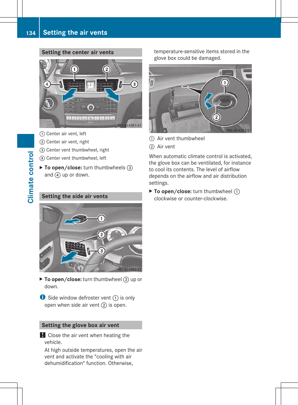 Setting the center air vents, Setting the side air vents, Setting the glove box air vent | Climate control, Setting the air vents | Mercedes-Benz CLS-Class 2013 Owners Manual User Manual | Page 136 / 376