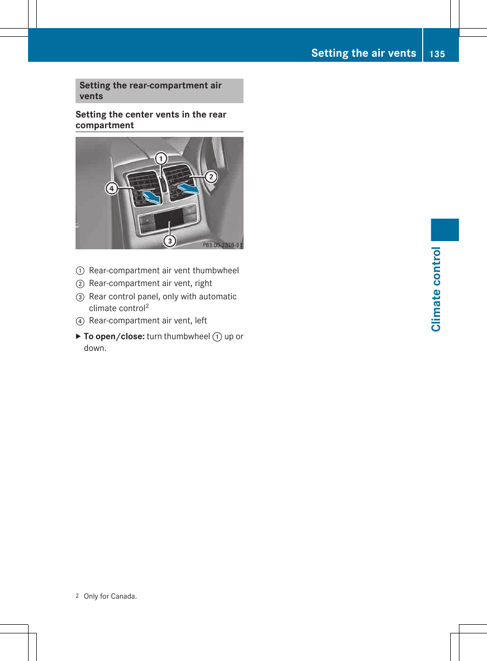 Setting the rear-compartment air vents, Climate control, Setting the air vents | Mercedes-Benz CLS-Class 2013 Owners Manual User Manual | Page 137 / 376