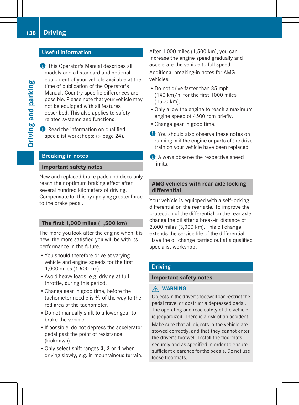 Driving and parking, Useful information, Breaking-in notes | Important safety notes, The first1,000 miles(1,500 km), Amg vehicles with rear axle locking differential, Driving | Mercedes-Benz CLS-Class 2013 Owners Manual User Manual | Page 140 / 376