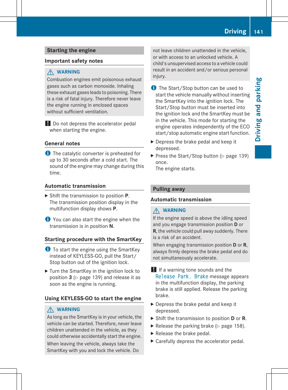 Starting the engine, Pulling away, Driving and parking | Driving | Mercedes-Benz CLS-Class 2013 Owners Manual User Manual | Page 143 / 376