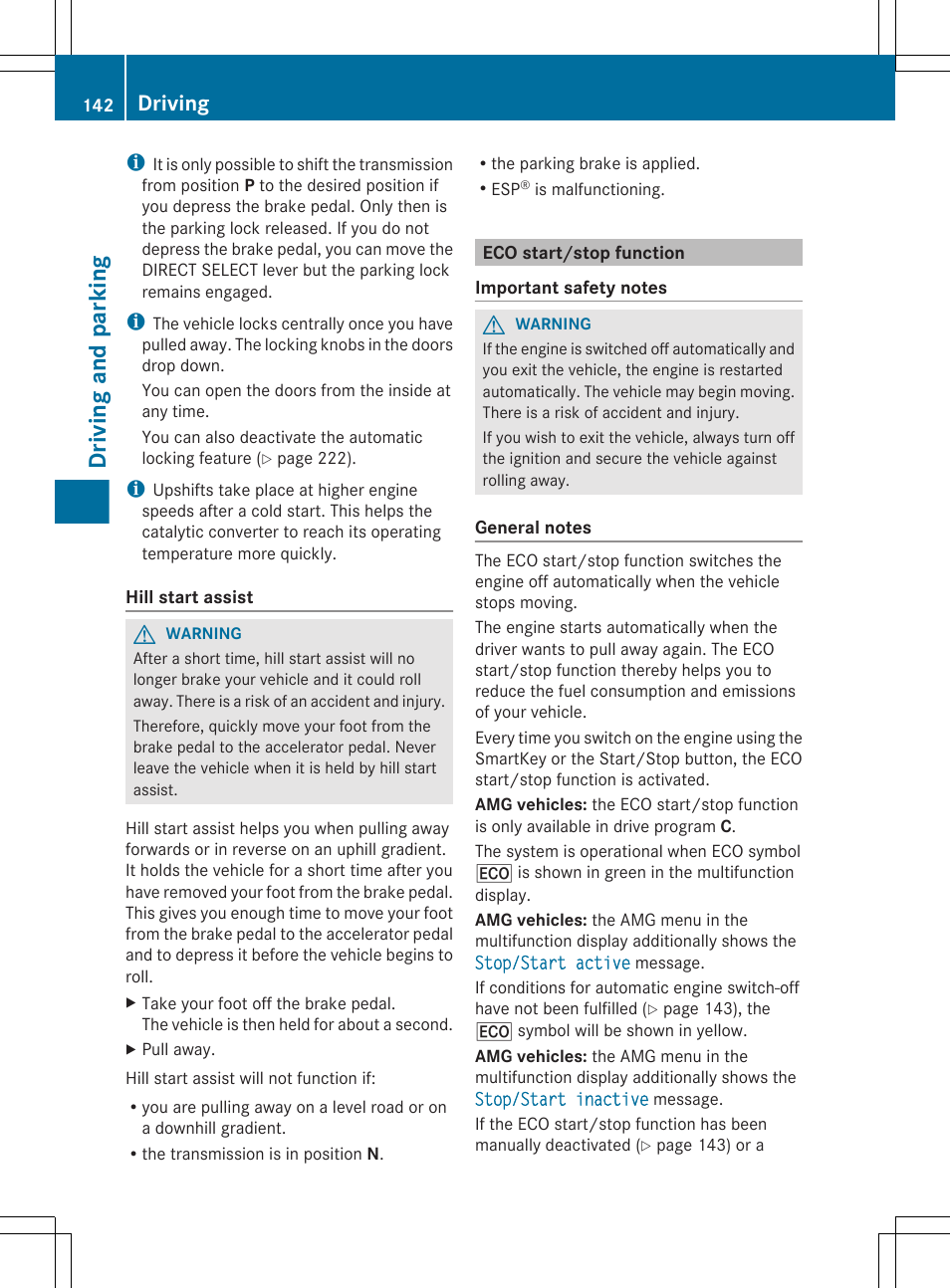 Eco start/stop function, Driving and parking, Driving | Mercedes-Benz CLS-Class 2013 Owners Manual User Manual | Page 144 / 376