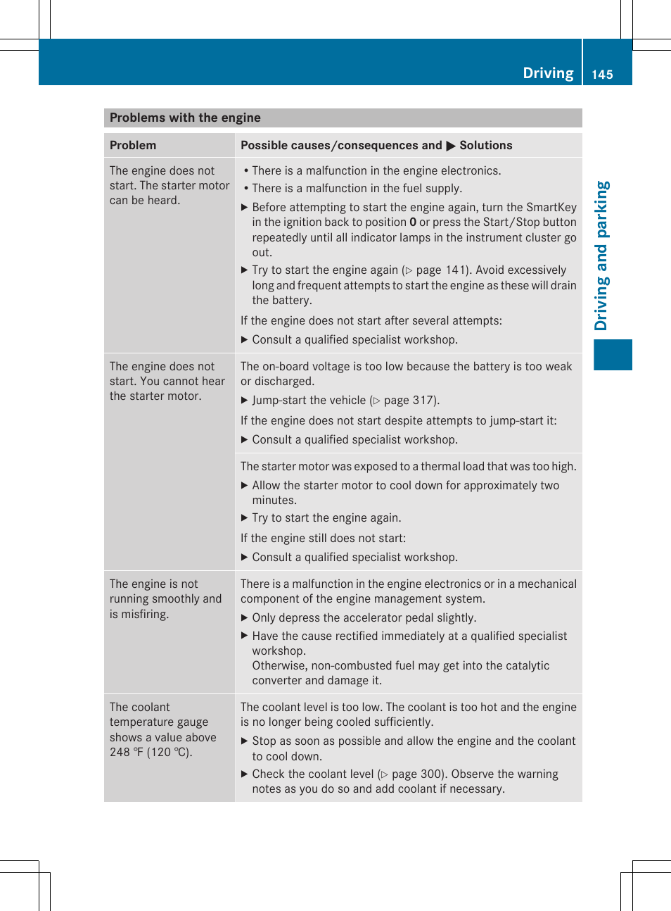 Problems with the engine, Driving and parking, Driving | Mercedes-Benz CLS-Class 2013 Owners Manual User Manual | Page 147 / 376