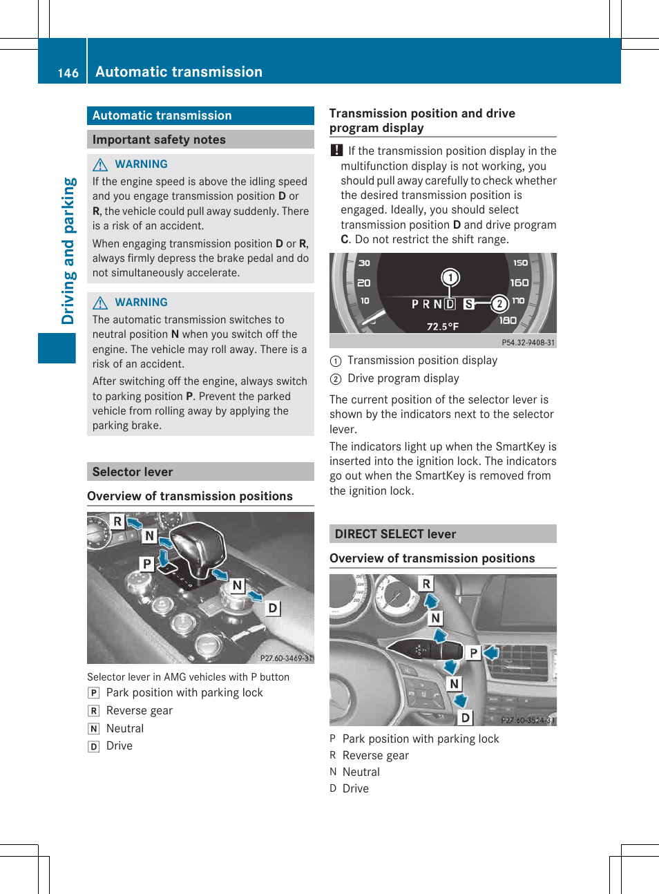 Automatic transmission, Important safety notes, Selector lever | Direct select lever, Driving and parking | Mercedes-Benz CLS-Class 2013 Owners Manual User Manual | Page 148 / 376