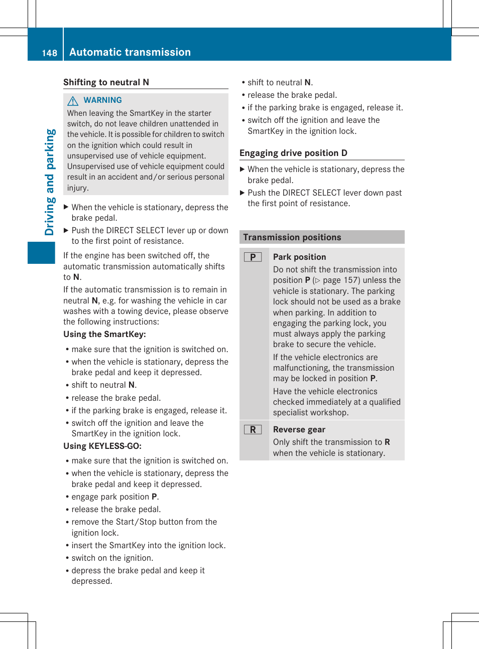 Transmission positions, Driving and parking, Automatic transmission | Mercedes-Benz CLS-Class 2013 Owners Manual User Manual | Page 150 / 376