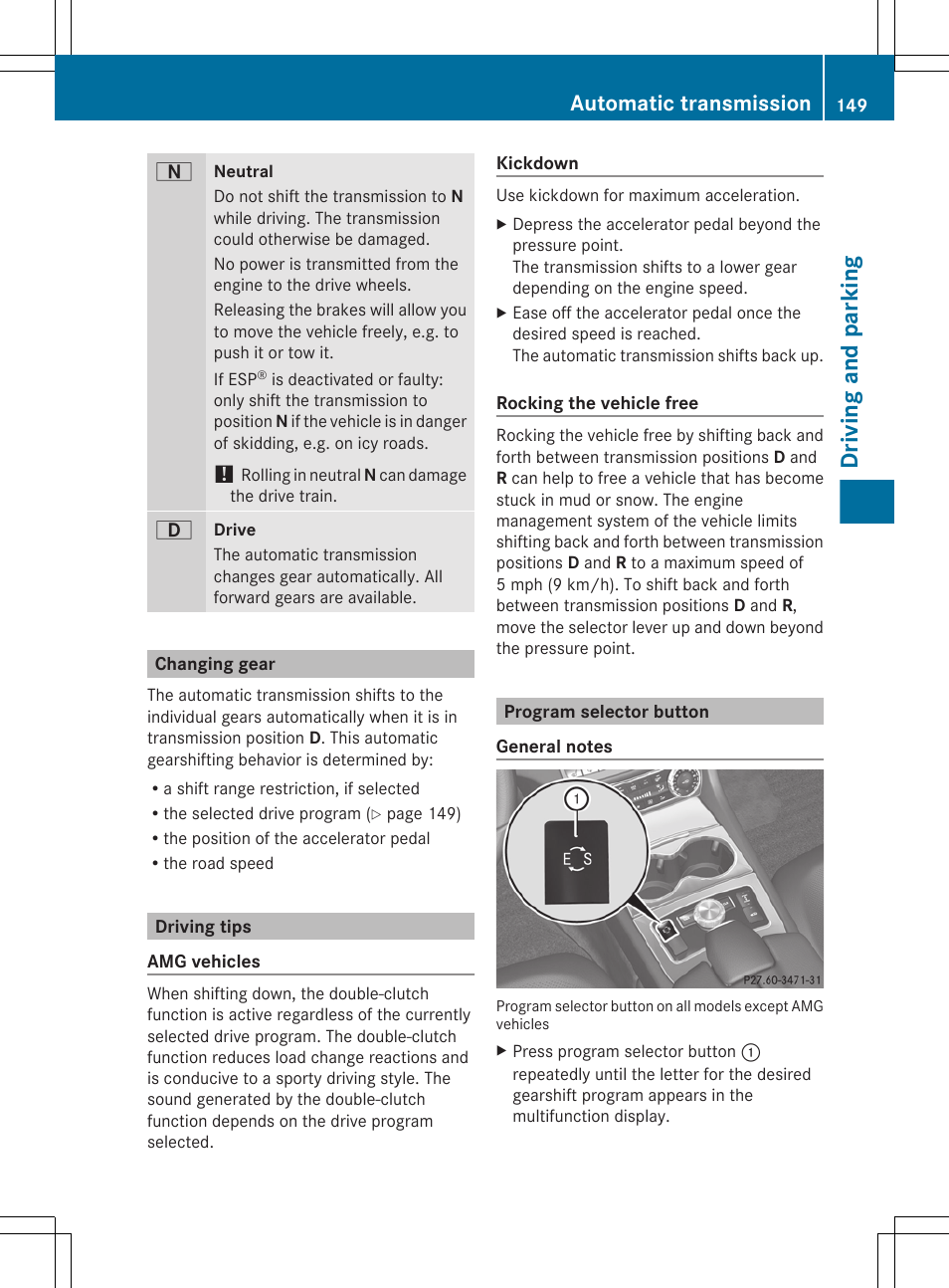 Changing gear, Driving tips, Program selector button | Driving and parking, Automatic transmission | Mercedes-Benz CLS-Class 2013 Owners Manual User Manual | Page 151 / 376