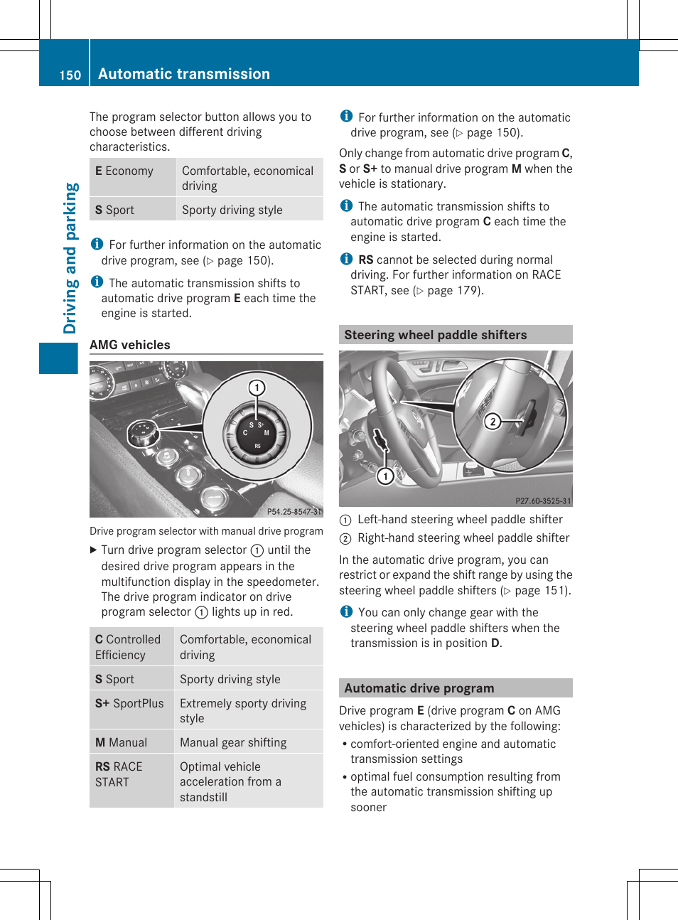 Steering wheel paddle shifters, Automatic drive program, Driving and parking | Automatic transmission | Mercedes-Benz CLS-Class 2013 Owners Manual User Manual | Page 152 / 376