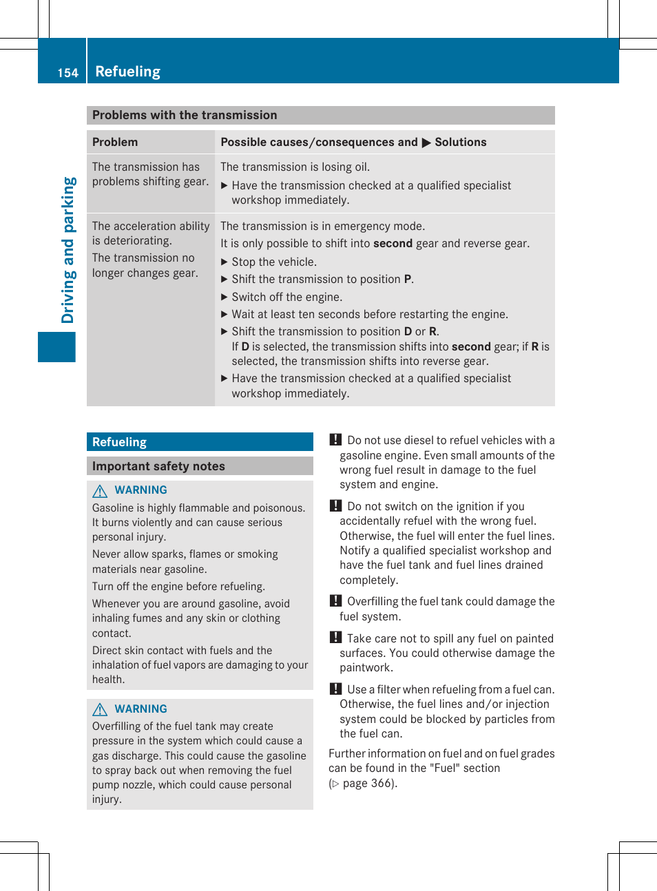 Problems with the transmission, Refueling, Important safety notes | Driving and parking | Mercedes-Benz CLS-Class 2013 Owners Manual User Manual | Page 156 / 376