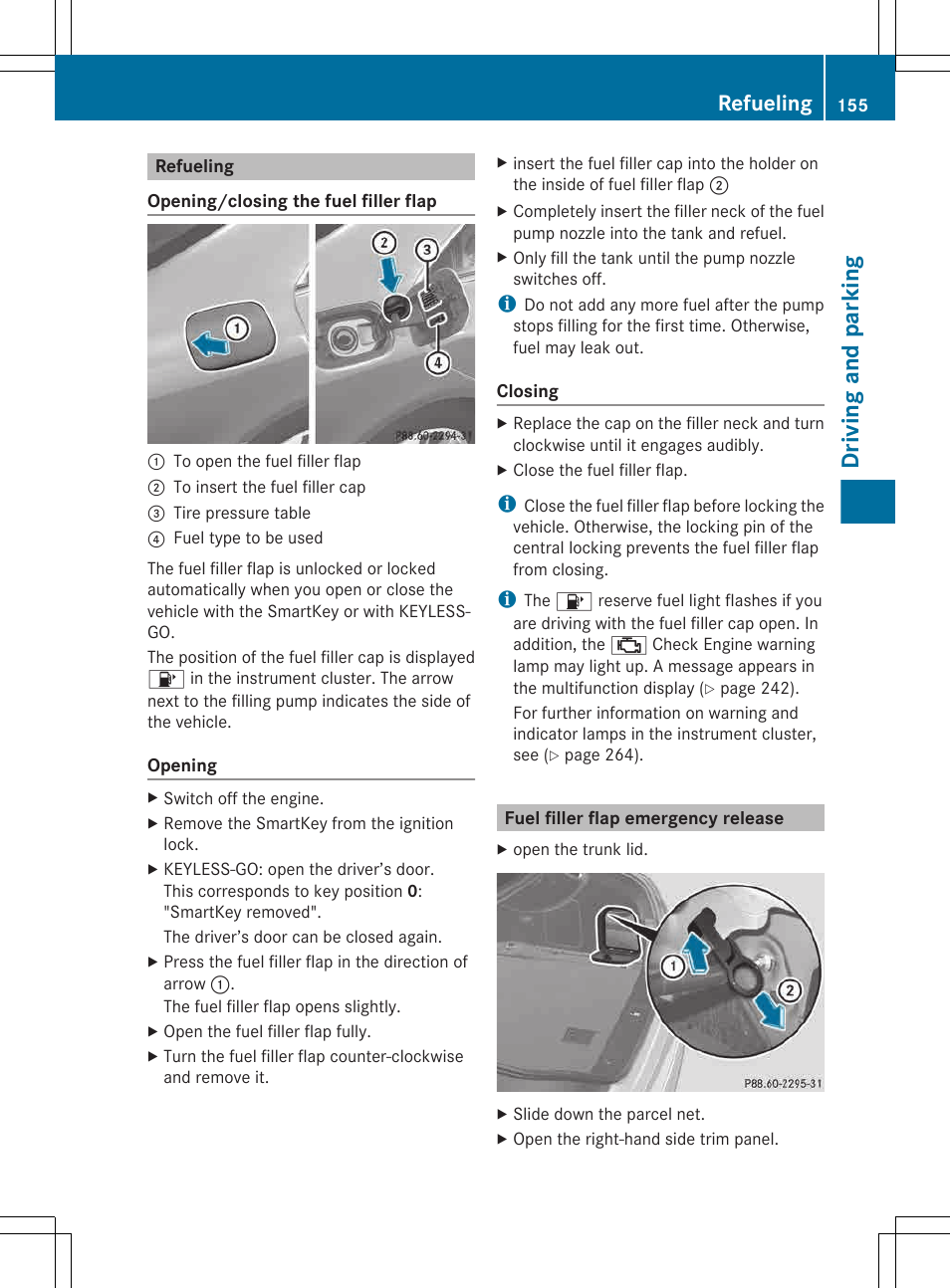 Refueling, Fuel filler flap emergency release, Driving and parking | Mercedes-Benz CLS-Class 2013 Owners Manual User Manual | Page 157 / 376