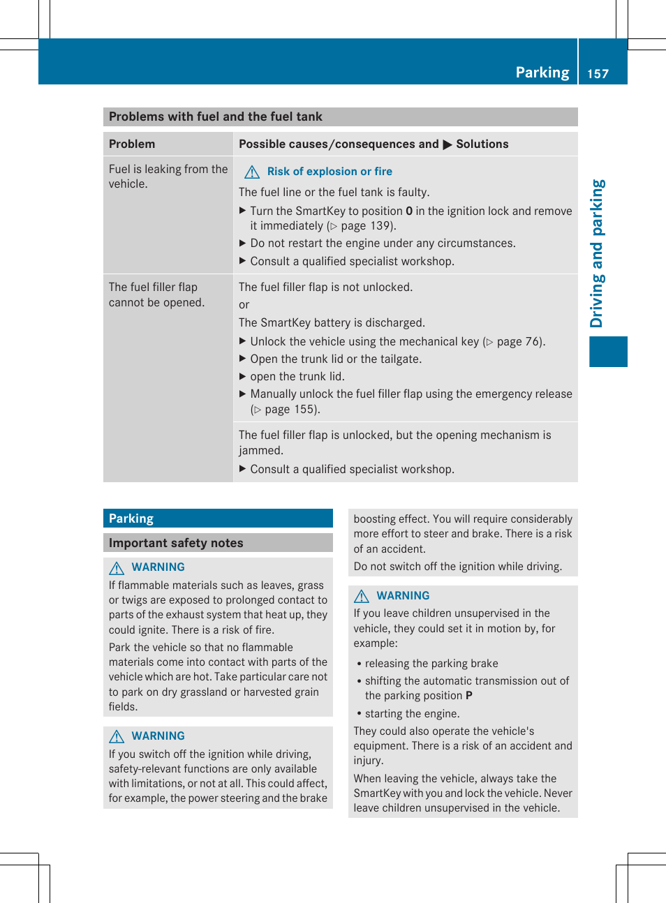 Problems with fuel and the fuel tank, Parking, Important safety notes | Driving and parking | Mercedes-Benz CLS-Class 2013 Owners Manual User Manual | Page 159 / 376