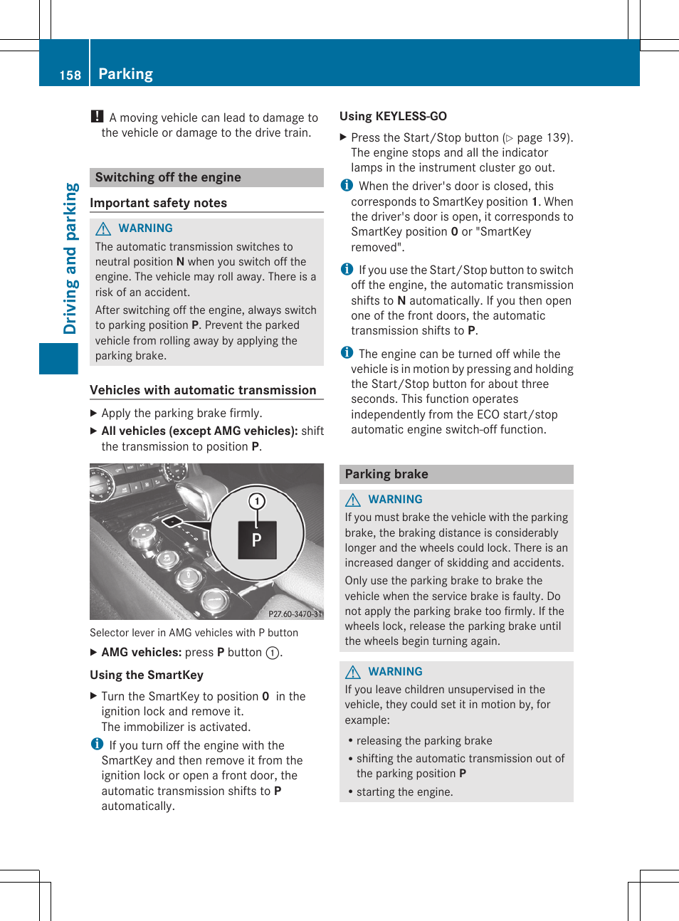 Switching off the engine, Parking brake, Driving and parking | Parking | Mercedes-Benz CLS-Class 2013 Owners Manual User Manual | Page 160 / 376